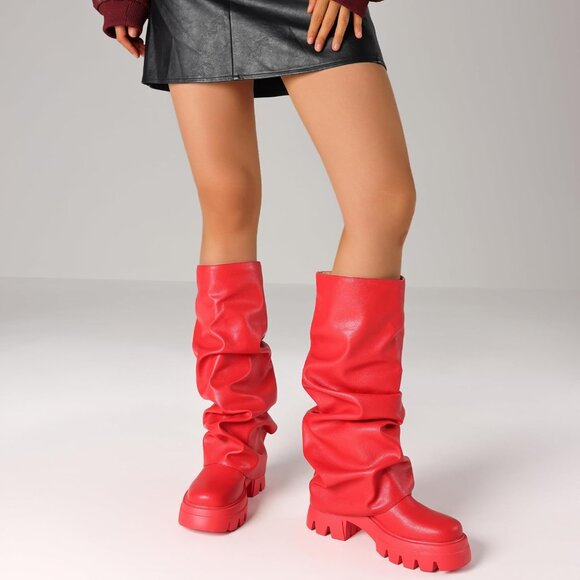 Women's Red Leather Glitter Metallic Wide Calf Pleated Fold Over Mid Calf Boots - Picture 5 of 7